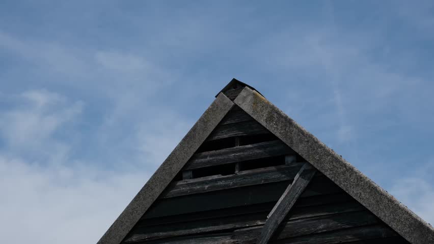 Swallows Flying Over Rustic Wooden Barn Roof Against Blue Sky