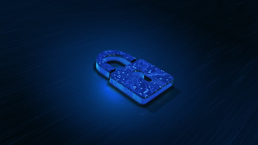 Glowing Security Lock Fast Digital Data Lines security padlock fast moving optical fiber data light trails password protection, firewall software, corporate IT security, and cyber threat defense.