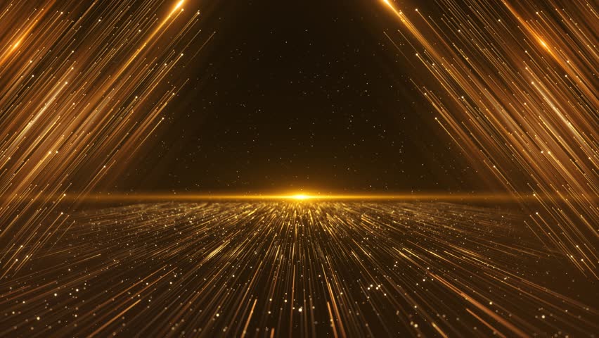 Futuristic Golden Light Ray Stage Leading Lines Light Stage Tunnel, gold light streaks triangular tunnel effect shimmering floor. technology launches, award show stages, and high-energy music events