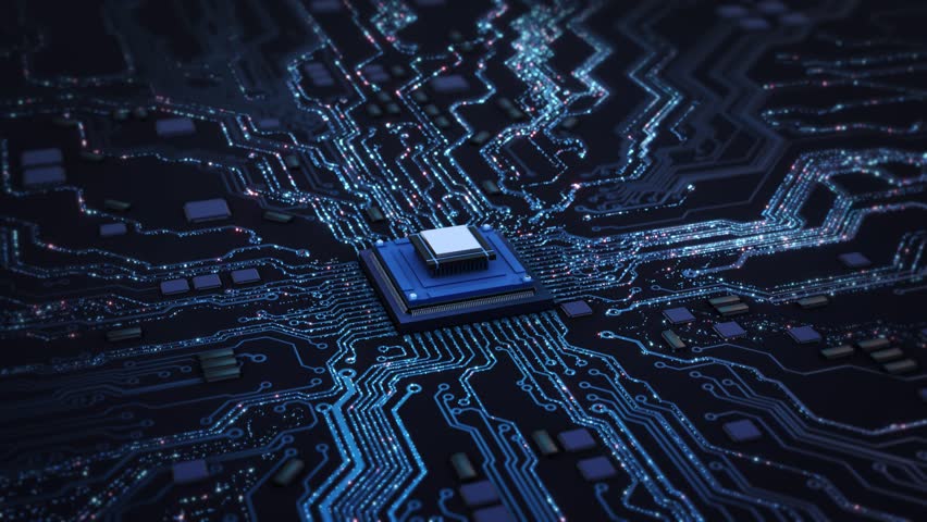 Glowing Microchip Circuit Board Data Flow Animation, circuit board pulsing data traces highlights. technology explainers, AI cybersecurity intros, product launches, futuristic background visuals.