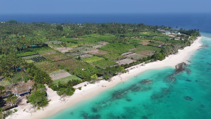 Spectacular aerial view of Thoddoo Island’s square agricultural fields contrasting with the bright turquoise Indian Ocean in the background.