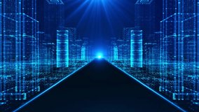 Digital City Data abstract hologram 3D city Highway Corridor futuristic matrix. Digital buildings infrastructure and information flow. binary code particles network. Technology connection concept. - Powered by Shutterstock - Get 15% off with code: PIKWIZARD15