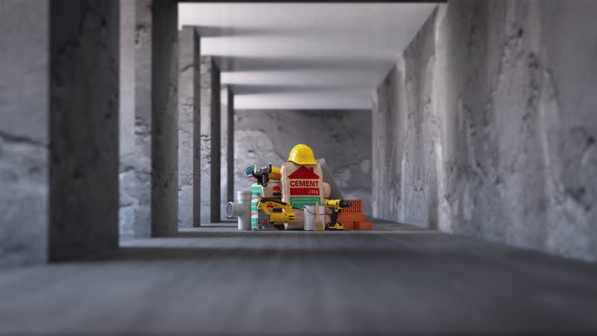 Construction materials and tools indoors with walls without finishing for renovation. 3d animation