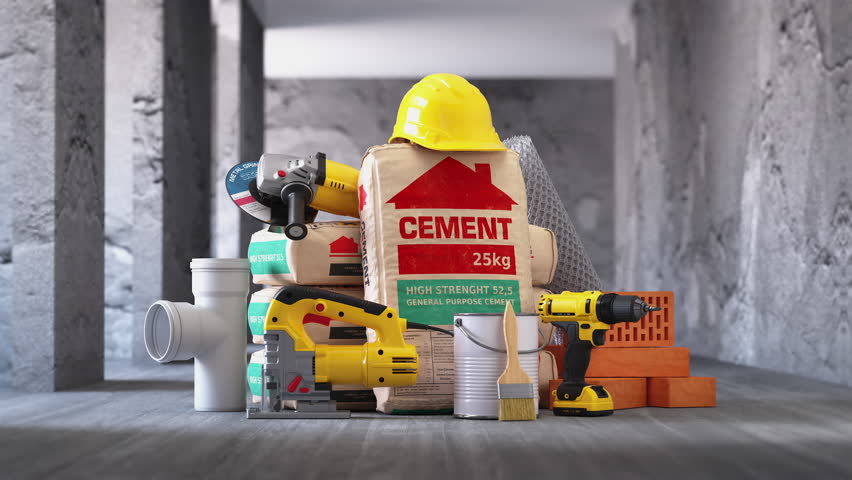 Construction materials and tools indoors with walls without finishing for renovation. 3d animation