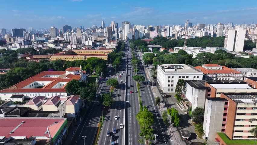 Sao Paulo Skyline At Sao Paulo In Brazil. Highway Road. Downtown District. Highrise Buildings. Sao Paulo Skyline At Sao Paulo In Brazil. 23Rd Of May Avenue In The Downtown City.