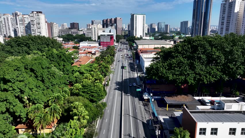 Sao Paulo Skyline At Sao Paulo In Brazil. Francisco Matarazzo Avenue. Downtown District. Highrise Buildings. Sao Paulo Skyline At Sao Paulo In Brazil. Agua Branca Neighborhood.