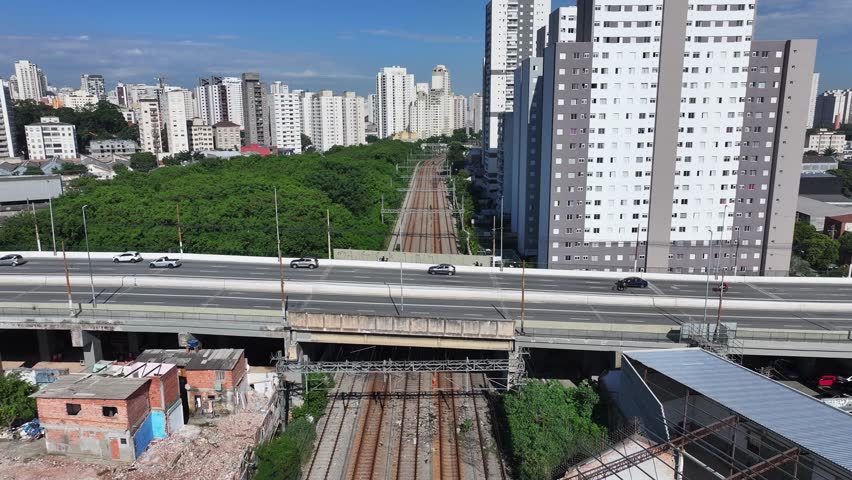 Sao Paulo Skyline At Sao Paulo In Brazil. Landmark Bridge. Downtown District. Highrise Buildings. Sao Paulo Skyline At Sao Paulo In Brazil. Railway Transport Landscape.
