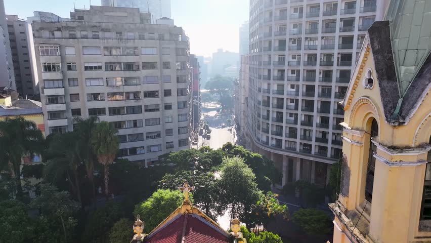 Paissandu Square At Sao Paulo In Brazil. Church Landscape. Downtown City Scenery. Highrise Buildings. Paissandu Square At Sao Paulo In Brazil. Tourism Postcard.
