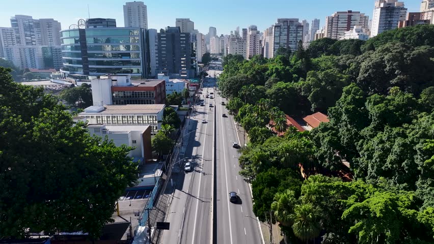 Sao Paulo Skyline At Sao Paulo In Brazil. Francisco Matarazzo Avenue. Downtown District. Highrise Buildings. Sao Paulo Skyline At Sao Paulo In Brazil. Agua Branca Neighborhood.