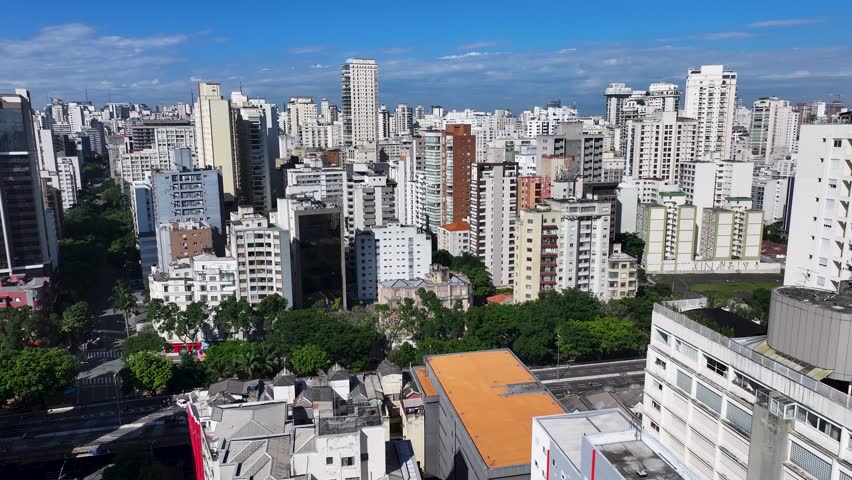 Sao Paulo Skyline At Sao Paulo In Brazil. Landmark Avenue. Downtown District. Highrise Buildings. Sao Paulo Skyline At Sao Paulo In Brazil. Skyscrapers Landscape.