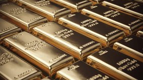 Gold ingots and bars stacked in rows. Precious metal ongots. 3d amimation - Powered by Shutterstock - Get 15% off with code: PIKWIZARD15