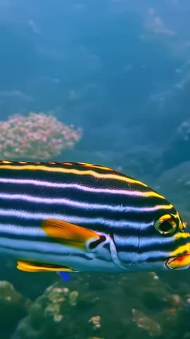 Striped oriental sweetlips fish swims past rocky coral reef in clear blue water