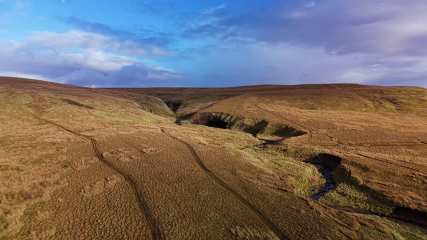 Golden moorland and valleys near Hawes, Yorkshire Dales, under blue skies