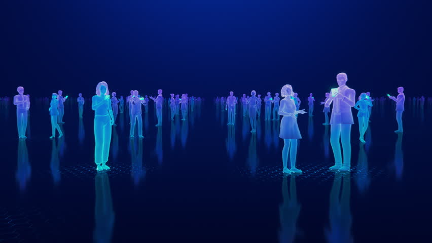 3D Animation Loop: Futuristic Digital Society. Moving Through Crowd of People in Digital Space. Representation of People by Their Avatars in Virtual World of Social Media, Internet and Content. 