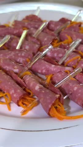 Salami carrot skewers Italian antipasto dried ham, cheese and grilled vegetable