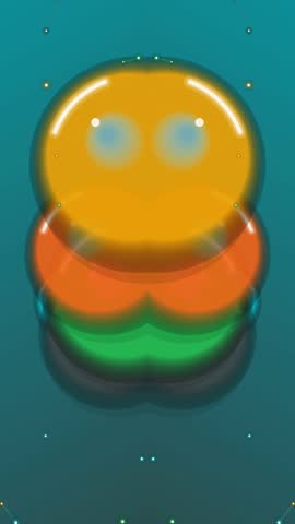 A whimsical animated character resembling a burger, with a bright yellow head and blue eyes, set against a teal background with subtle bubbles.