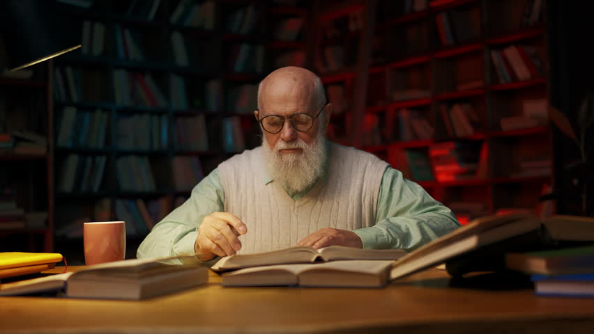 Concentrated senior male historian doing late-night research, reading books