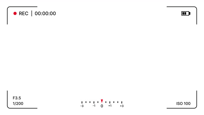 Camcorder viewfinder screen with rec indicator, battery, focus frame, exposure scale, timer, aperture, shutter speed on white background. Camera recording overlay minimal HUD for filming. 4K Video