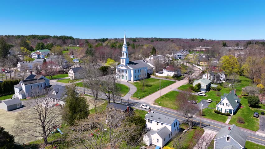 Unitarian Congregational of Mendon and Uxbridge Church aerial view at 13 Maple Street in historic town center of Mendon, Massachusetts MA, USA. 