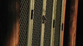 Cinematic close up of traditional Korean temple lattice doors with metal ring handle and geometric patterns in warm sunlight - Powered by Shutterstock - Get 15% off with code: PIKWIZARD15