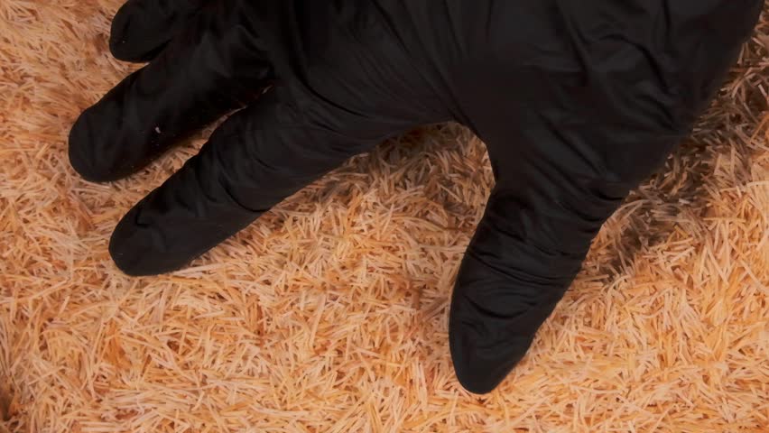 Cinematic close up 1080p landscape footage of a hand in a black professional glove scooping a pile of shredded kadaif pastry dough. Warm lighting highlights the texture of the phyllo threads in a bakery setting.