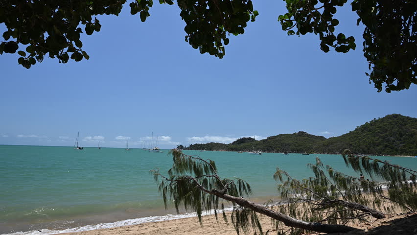 beautiful white tropical sand beaches with turquoise water and clear blue sky at Geoffrey Bay on Magnetic Island, Queensland, Australia along the coastline of the pacific ocean on a sunny day.
