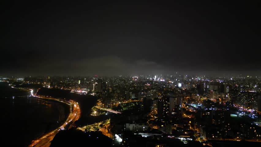 Wide aerial cityscape of Miraflores, Lima after dark with golden street lighting.