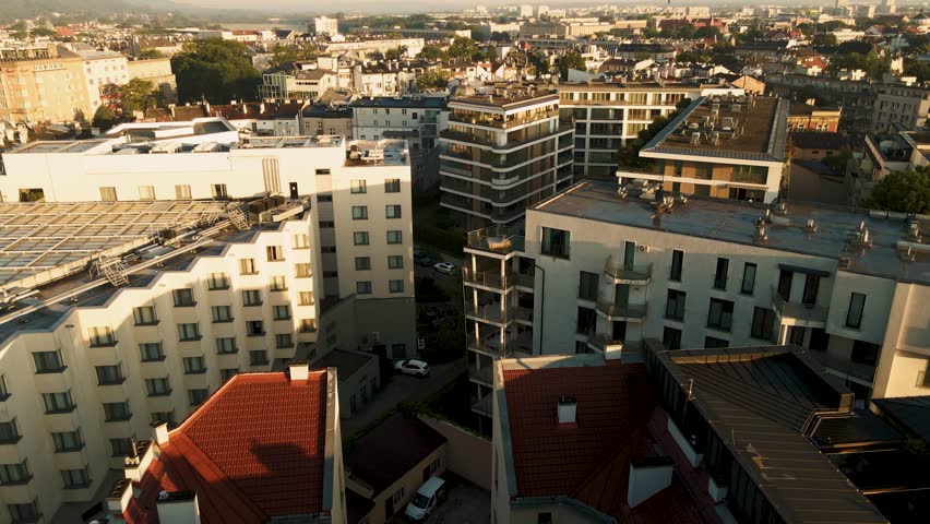 The modern European city of Krakow, Poland, captured from a drone.
