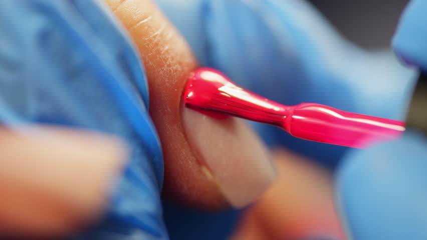 Close-up of applying gel polish to the nail plate. High quality 4k footage