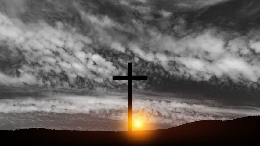 Christian cross on hill outdoors at sunrise. Resurrection of Jesus. Spiritual hope and resurrection concept, Good Friday.