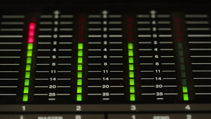 Music studio close up, Close up hands shot of sound engineer using mixing console, remote control for adjusting sound, audio mixer. Musician creates music, makes remix for DJ set. Sound recording