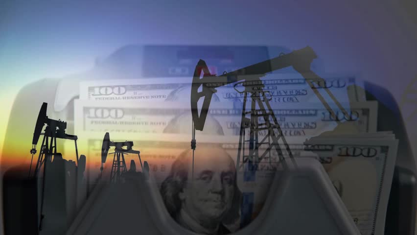Petrodollar. The oil rig and the US dollar bill symbolize the volatility of energy in the US and the world.
