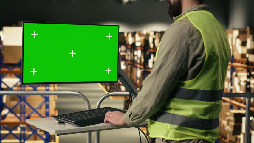 Mockup on monitor next to man staff member ensuring warehouse operations on a platform, working on inventory control and shipping tasks. Supply chain efficiency and productivity.