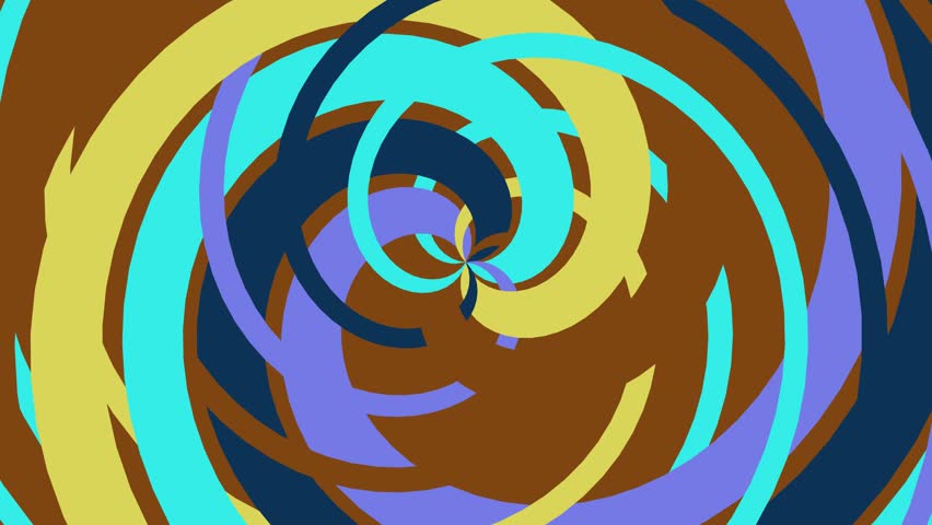 Retro earth-toned abstract swirl background video with blue, brown, and yellow ribbons in a dynamic rotation. Great for unique visual styles