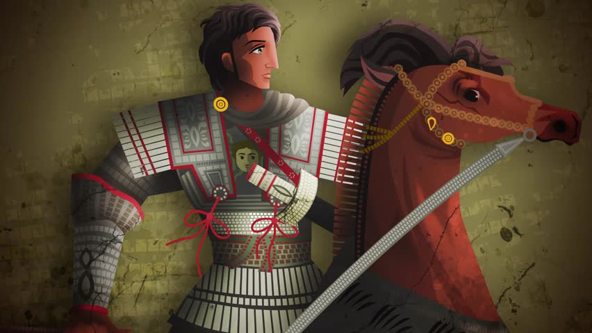 alexander the great riding bucephalus horse in mosaic style