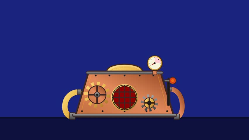 A detailed steampunk-inspired machine with visible gears, pipes, and a pressure gauge, set against a solid dark blue backdrop.