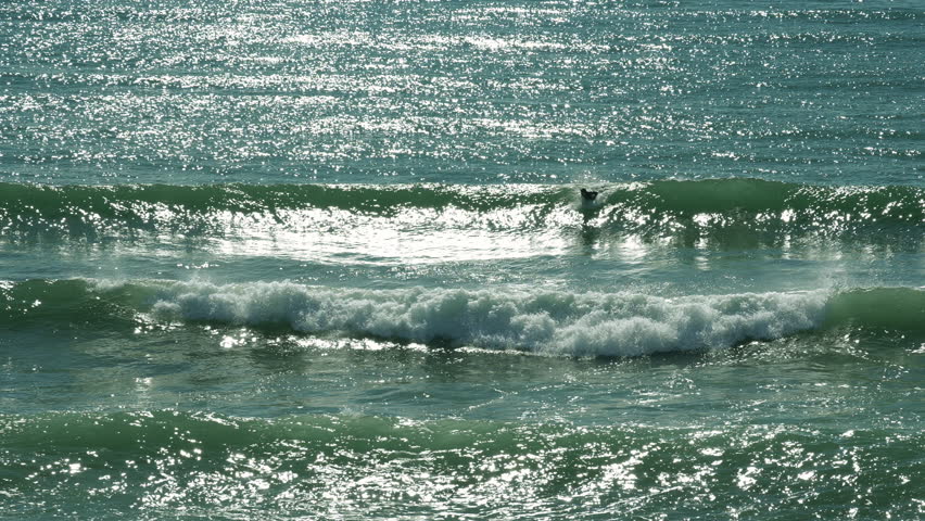 Lone surfer gliding across a breaking ocean wave with white sea foam