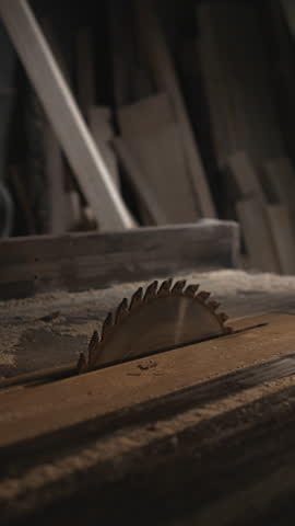 Workshop Saw Scene, Workshop Setting Showing Luminous Cuttings Blade Amidst Dust And Stacked Wooden Boards. Media