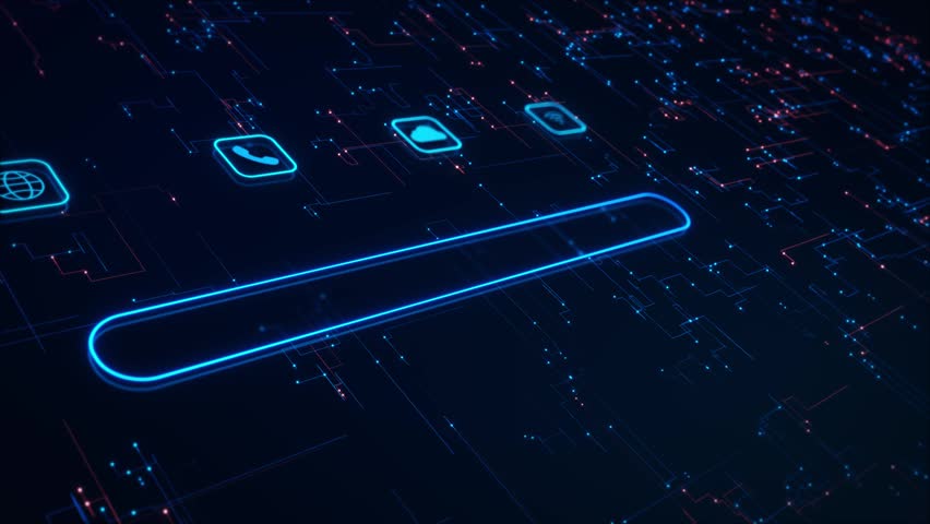 Neon Secure Login UI Bar cinematic digital background. branding, technology promo, UX demo, product reveal sleek input bar, circuitry grid, floating icons motion cyber security modern access control.