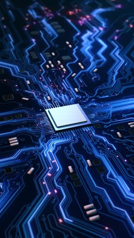 High Tech Processor on Blue PCB processor seated PCB signal paths components depth motion. software demos, cybersecurity clips, engineering explainers, hardware marketing, modern technology promos