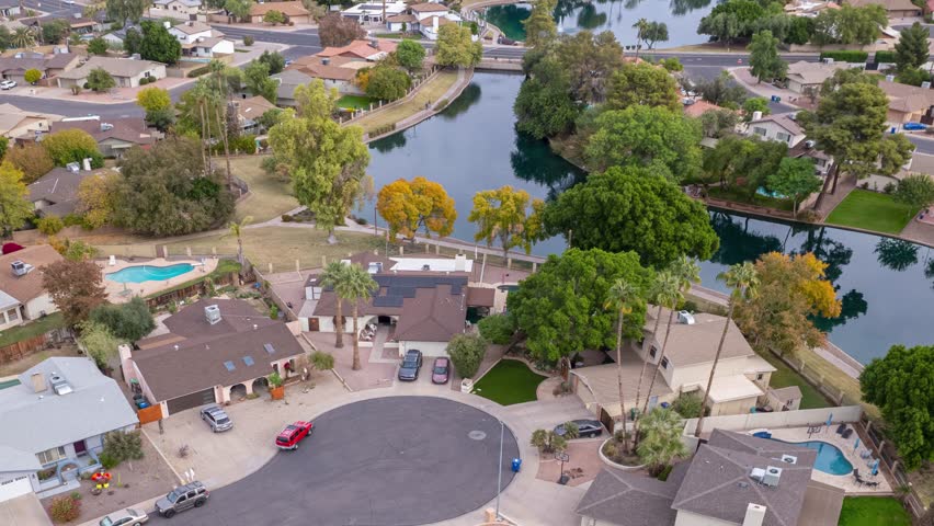 Aerial Hyperlapse of Waterfront Community and Fountain, Mesa