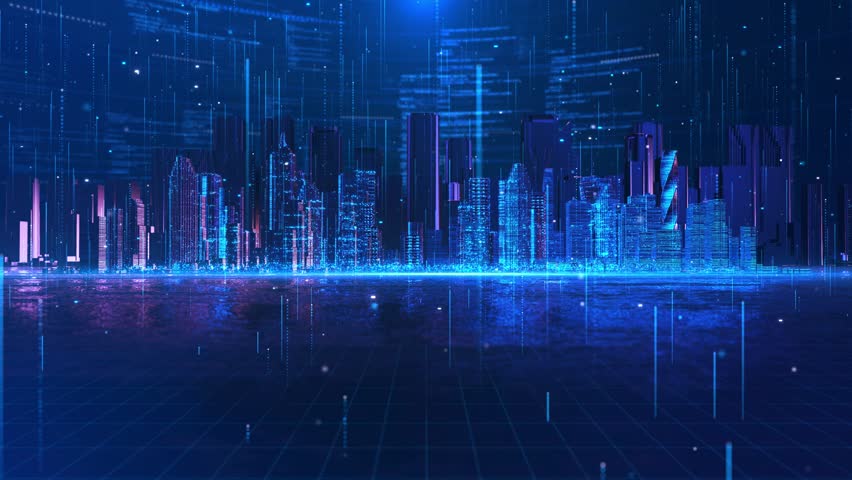 cyberpunk style skyline holographic skyscrapers, digital lines, advanced technology smart infrastructure intelligent urban systems. futuristic city visuals, innovation digital technology backgrounds.