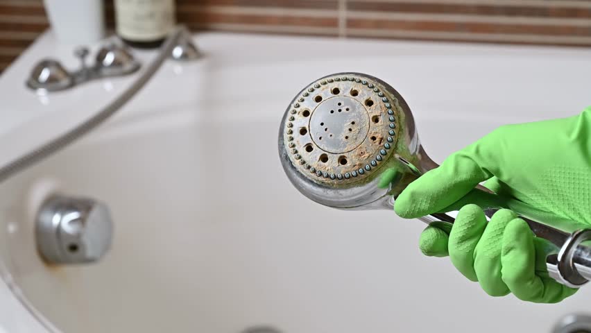 A man holds an old shower head with limescale. Poor water quality in large cities.