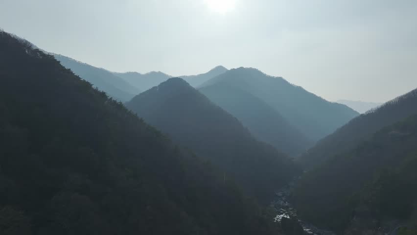 Aerial drone shot of a resilient pine tree growing on a steep, rocky cliff in Mungyeong, South Korea