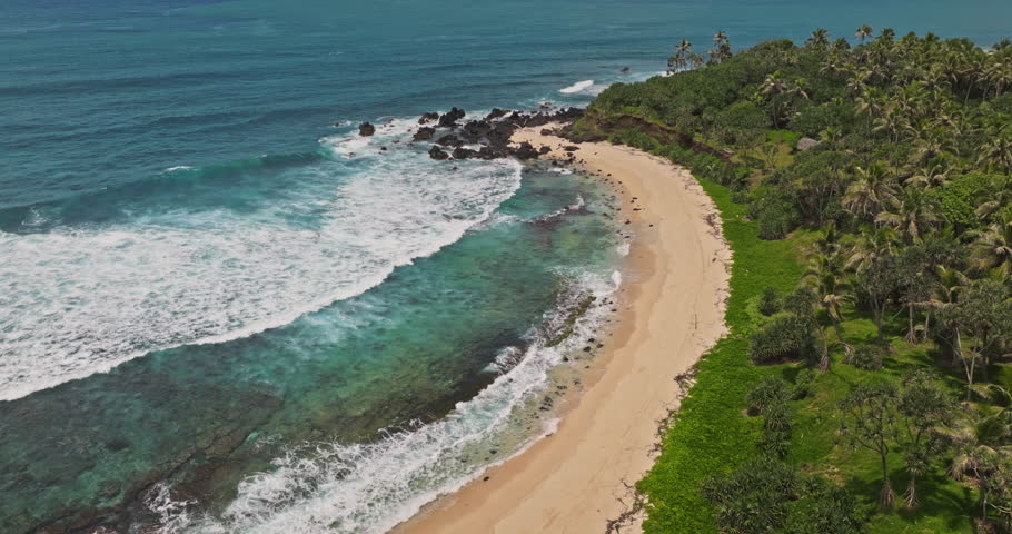 Vanuatu coastline featuring Port Resolution beach with golden sand, green palm trees, and clear turquoise ocean water breaking into white foam waves, rotation panorama captured from aerial perspective