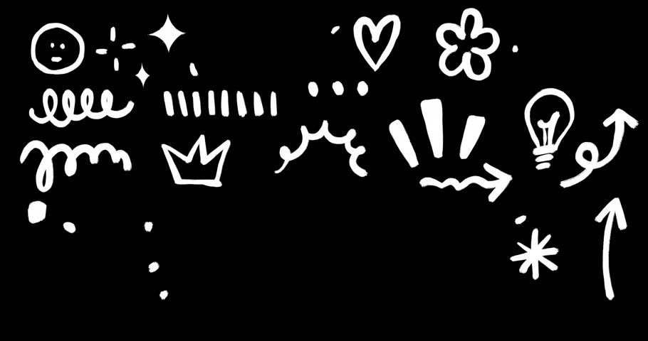 Kids Crayon Doodle Animation Pack. Playful Hand Drawn Loop Scribble Highlight Elements with Circles, Lines, Stars, Hearts, Arrows, Sparkles, Smiley Faces. Cute Markers for Text Emphasis. Alpha Channel