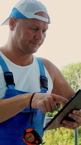 Attractive Construction worker makes notes in tablet. service man installing window