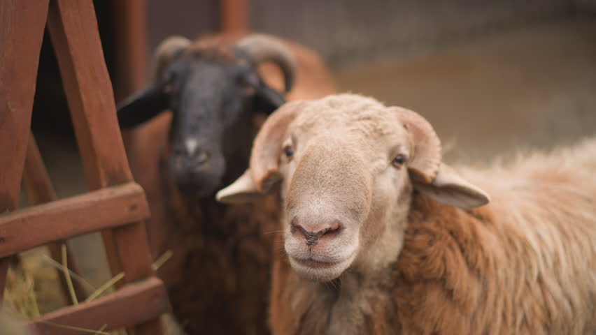 Brown sheep black sheep near hay feeder, caretaker hand petting ear, warm barn light, woolly fleece texture, calm rural atmosphere, feeding scene, tender animal interaction, rustic shelter background.