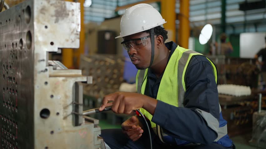 Focused Industrial Technician at Work: An industrial technician, equipped with protective eyewear and a safety helmet, meticulously works on machinery, emphasizing precision and expertise.