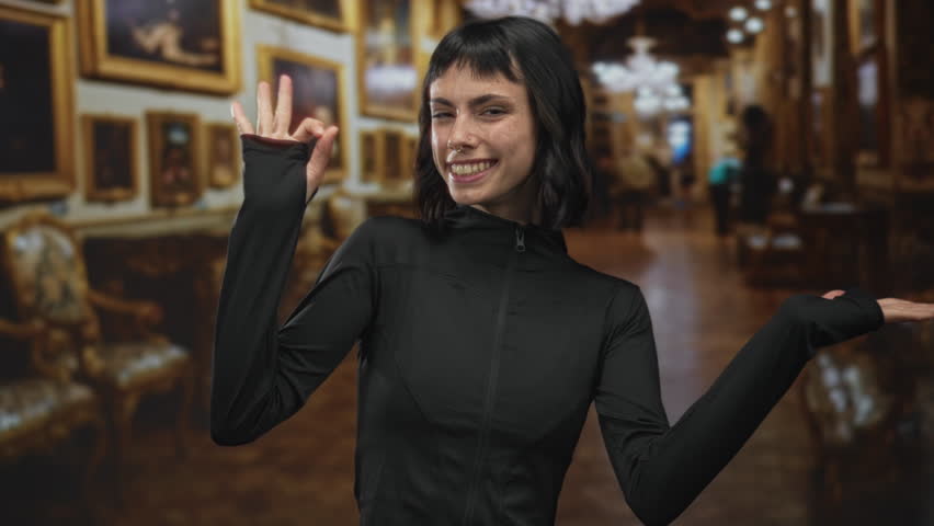 Young hispanic sporty woman shows ok sign with hand in art gallery building among framed paintings; approval.